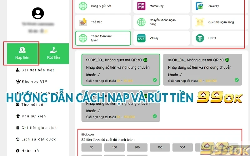 Hướng dẫn cách nạp và rút tiền 99OK